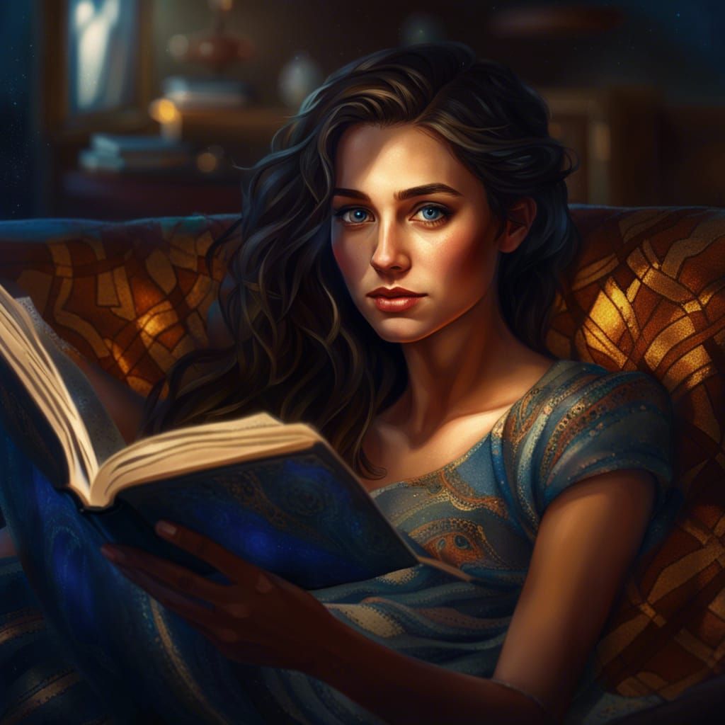 Woman Reading on Sofa in Hyperrealistic Style