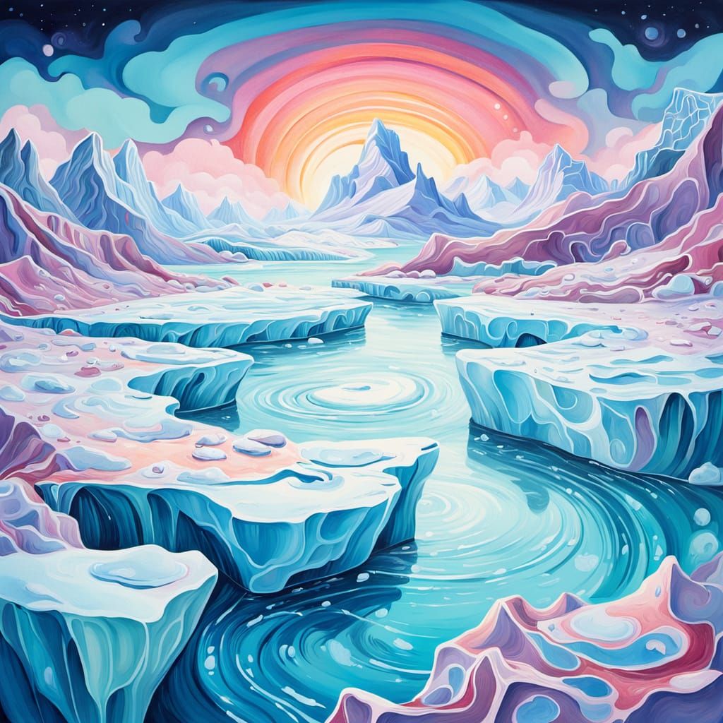 Colorful Gouache Painting of Arctic Icebergs