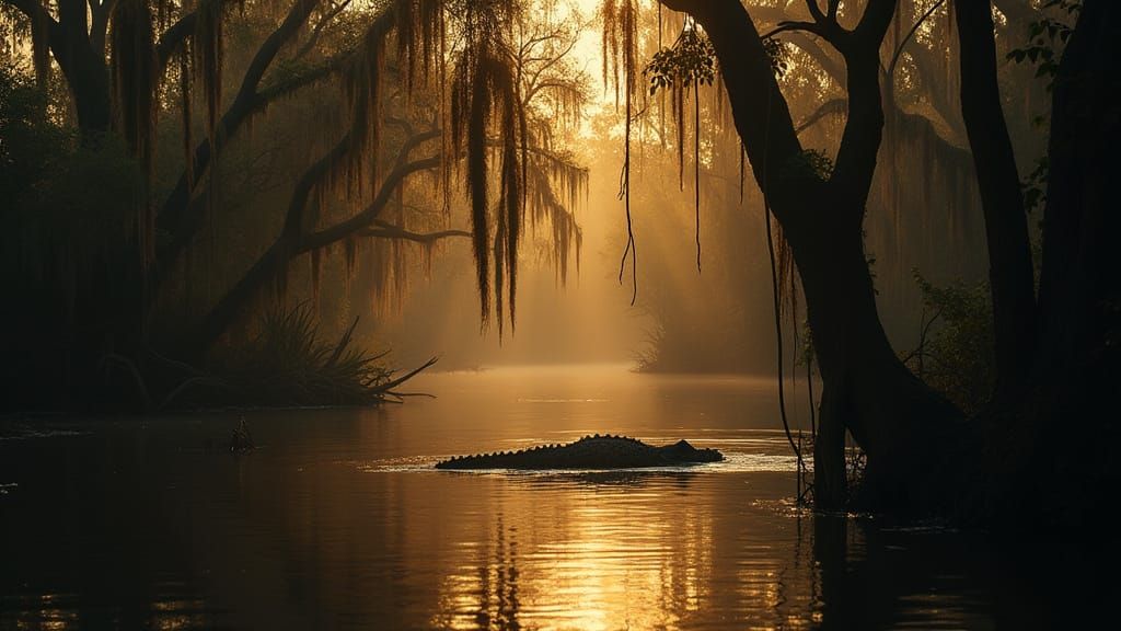 Eerie Louisiana Swamp at Dusk in Golden Light