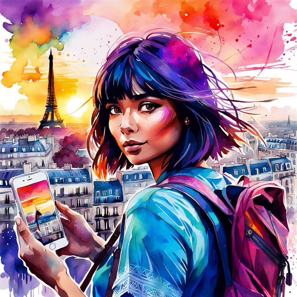 Dora the Explorer Selfie in Paris: Watercolor Art