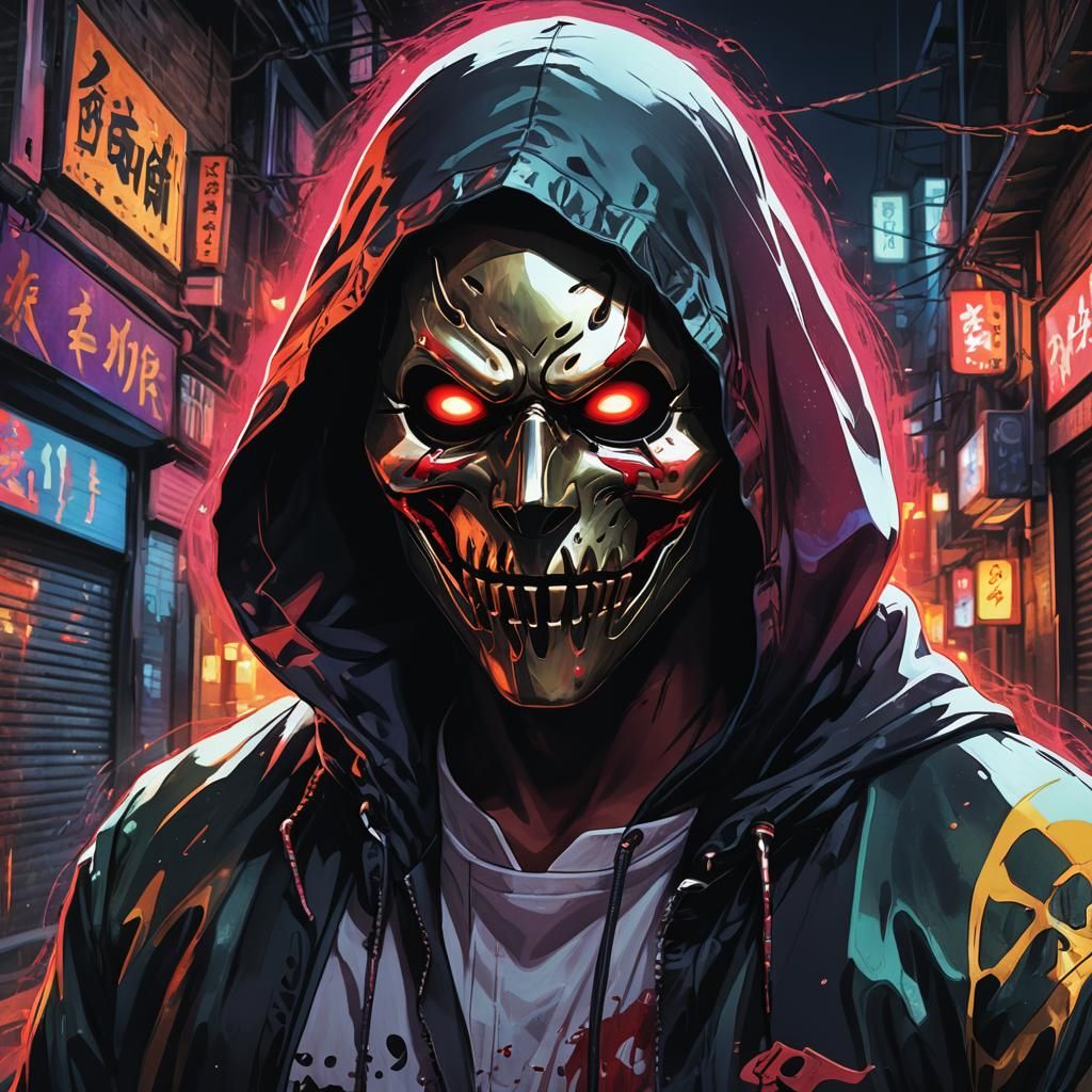 Ghostface in Neon Alley: Horror Anime Art