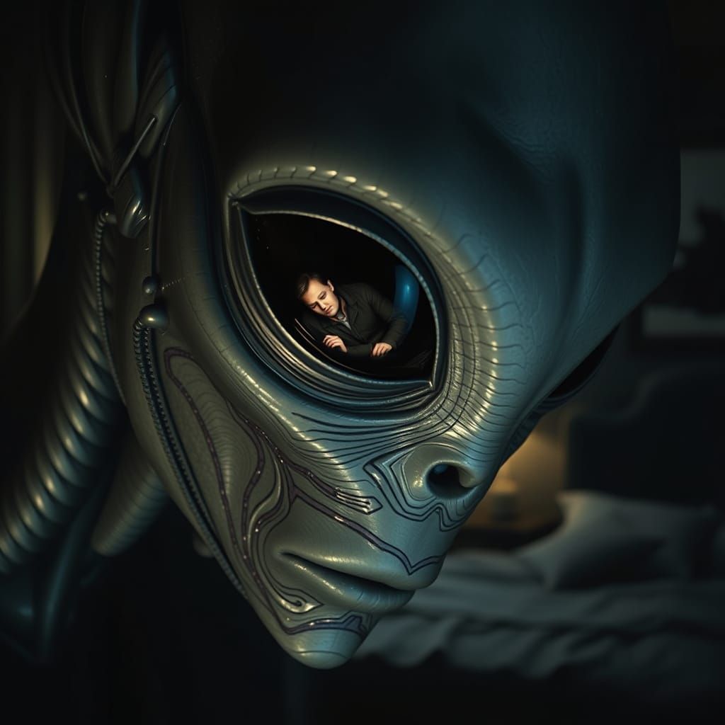 Grey Alien Face with Reflected Dream, Dark Sci-Fi Art