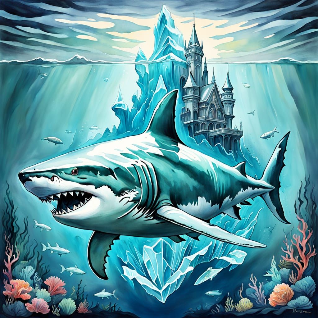 Frozen Shark in Iceberg: Art Nouveau Watercolor