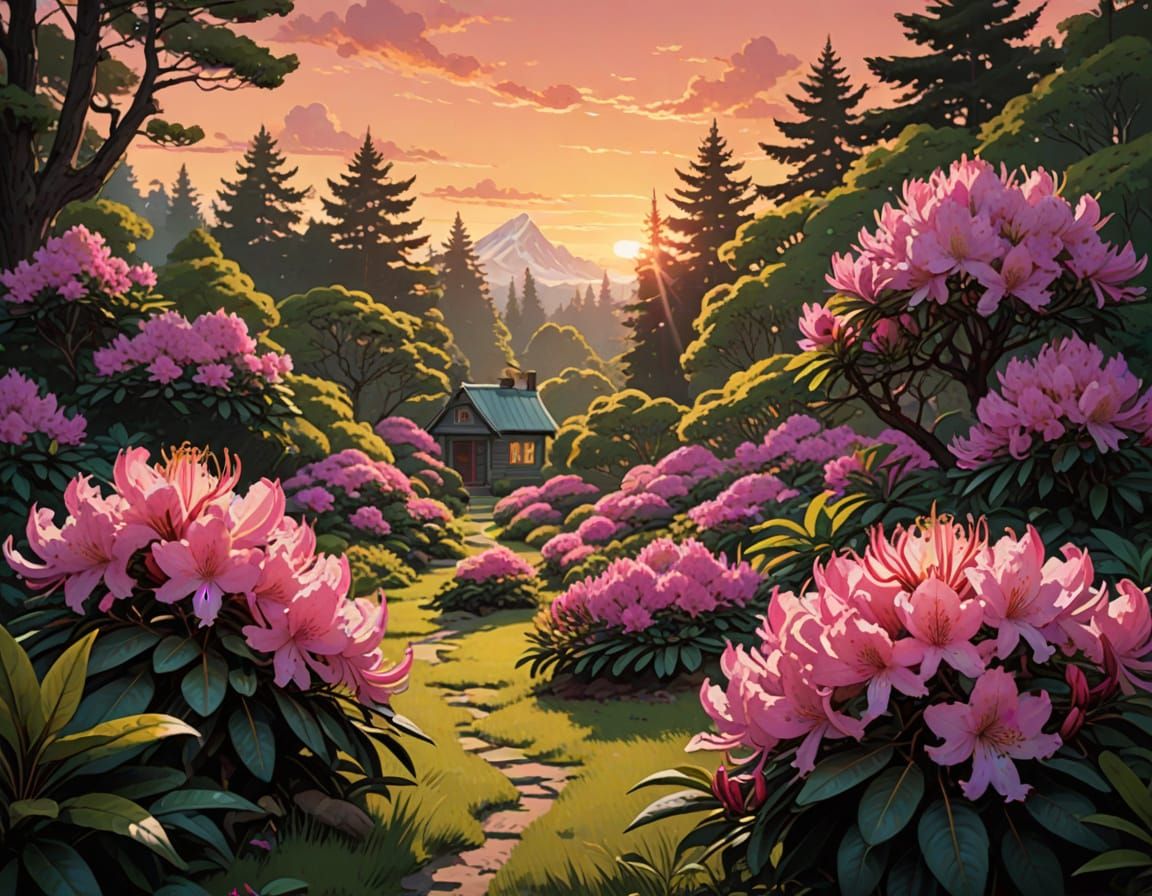Vibrant Rhododendron Garden in Whimsical Sunset Landscape