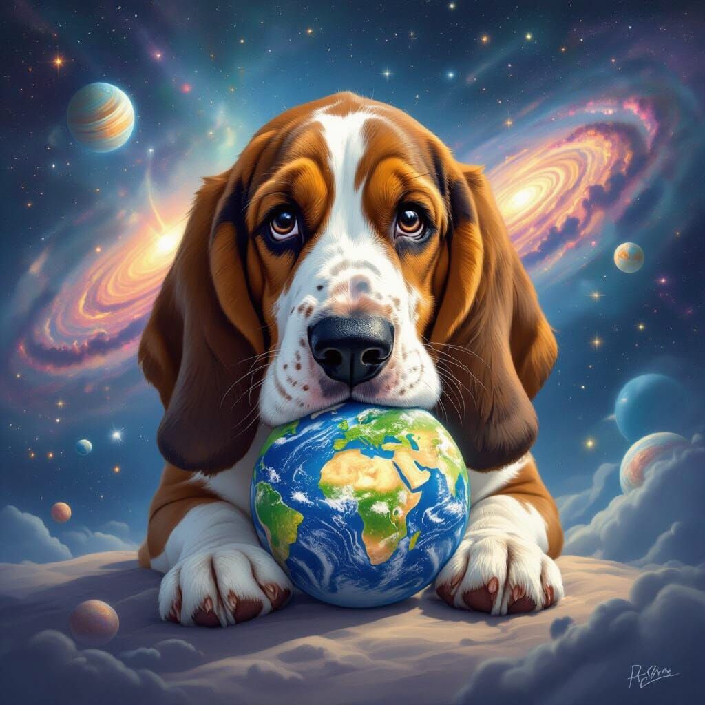 Basset Hound Bathes Earth in Cosmic Digital Painting