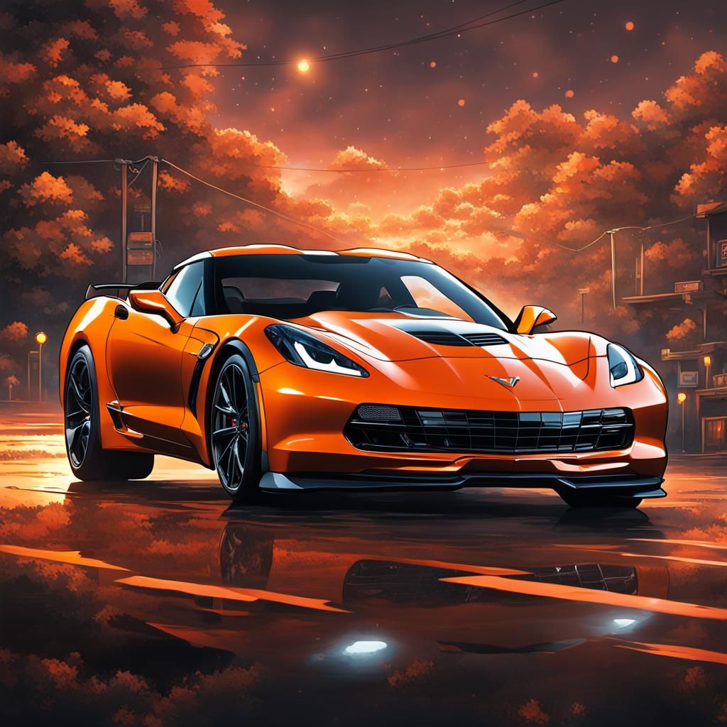 Orange Corvette in Anime Style, Black Glow