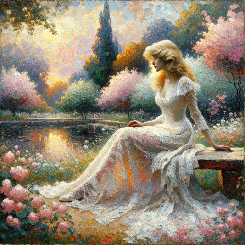 Whimsical Lady in a Garden Setting, Oil Painting