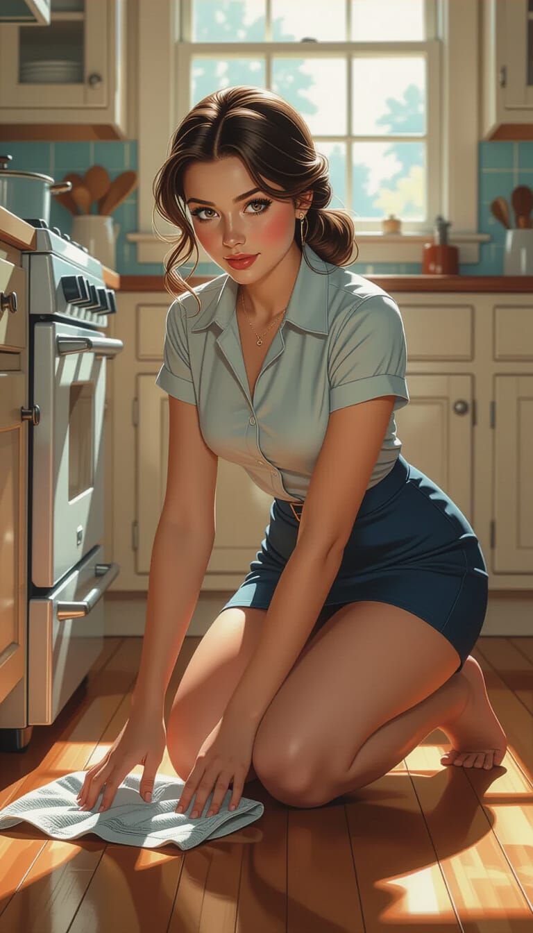 Young Tradwife Cleaning Kitchen Floor Hyperrealistic Style