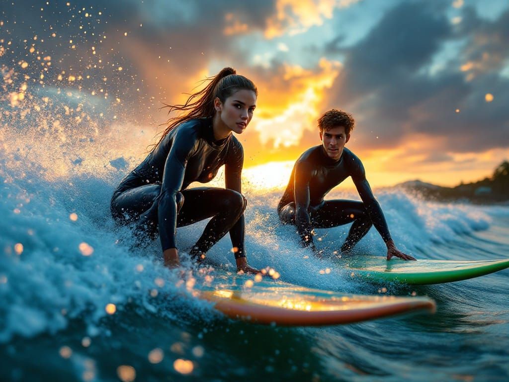 Sleek Surfers Ride Tropical Waves in Sunset Glow