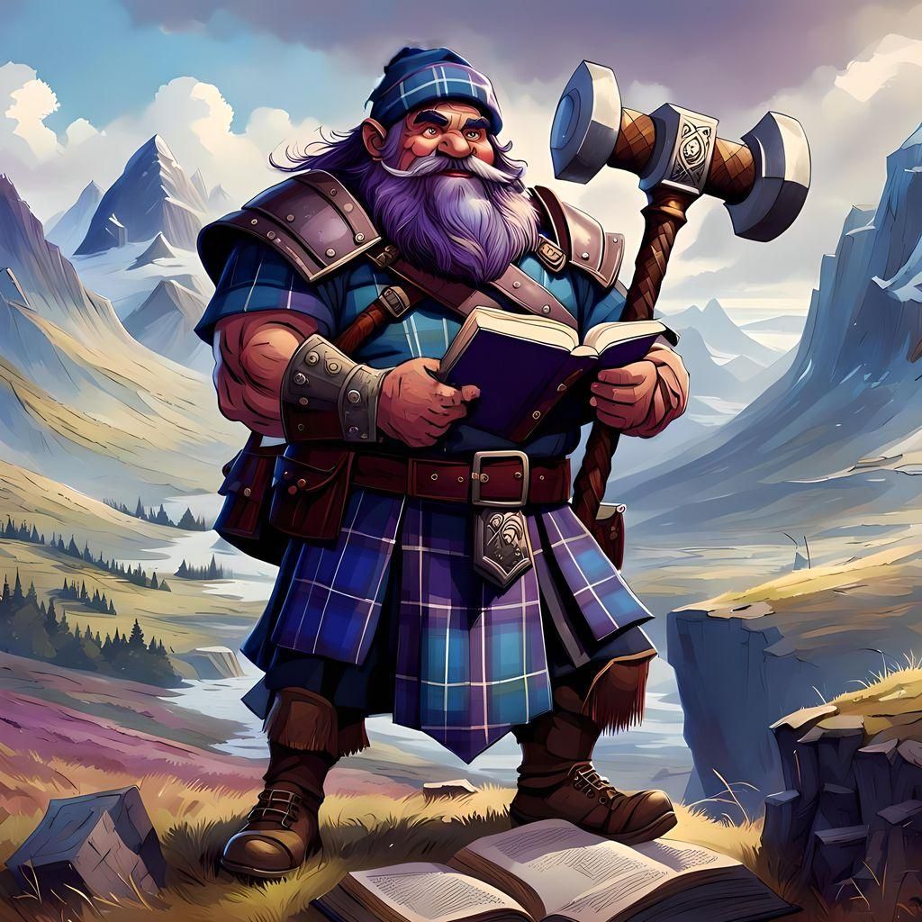 Fantasy Dwarf Reading Book in Scottish Highlands