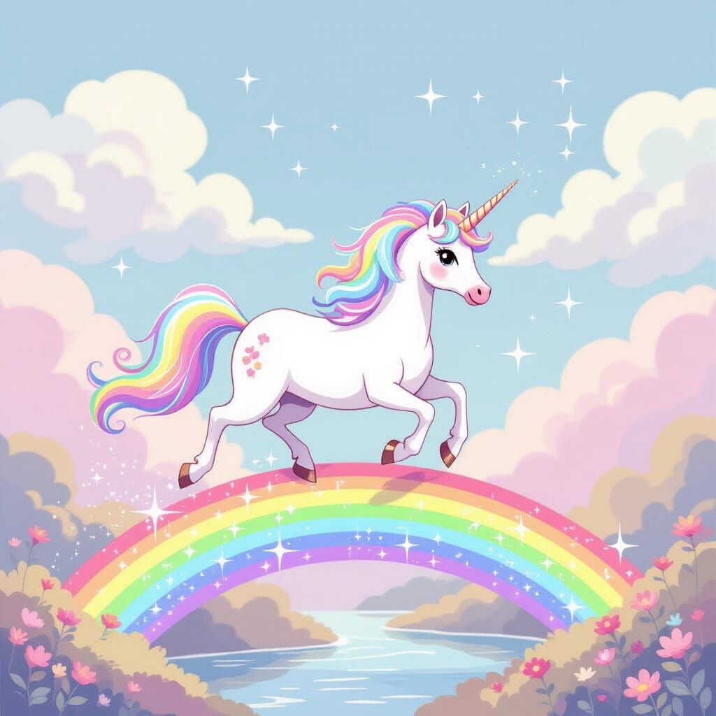 Unicorn Galloping Across Rainbow Bridge in Watercolor Style