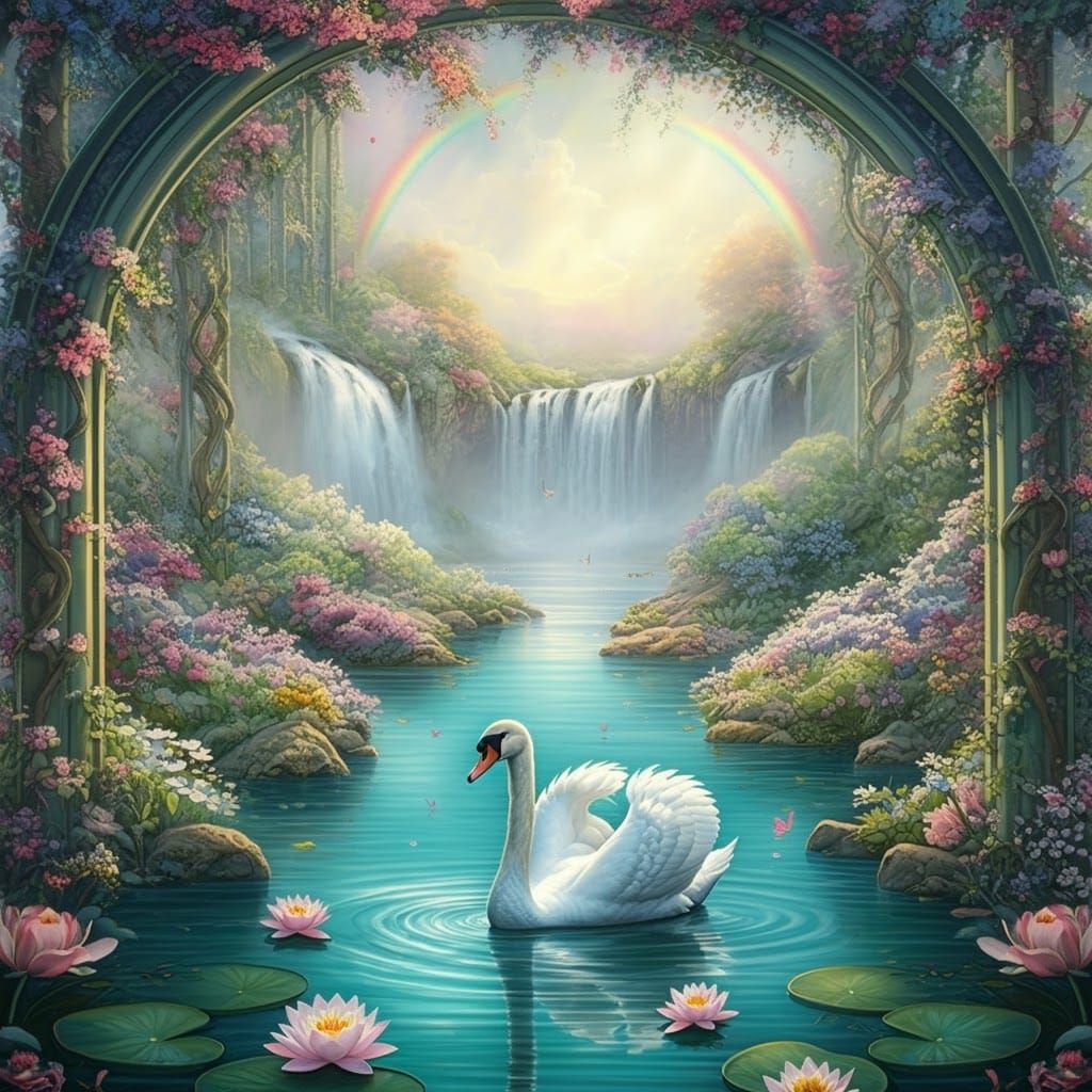 Swan on Turquoise Pond in Dreamy Watercolor Style