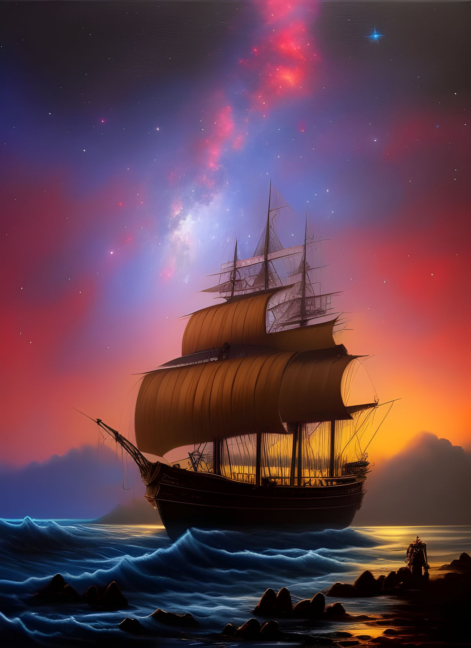 Eerie Pirate Ship in Starry Galaxy Painting