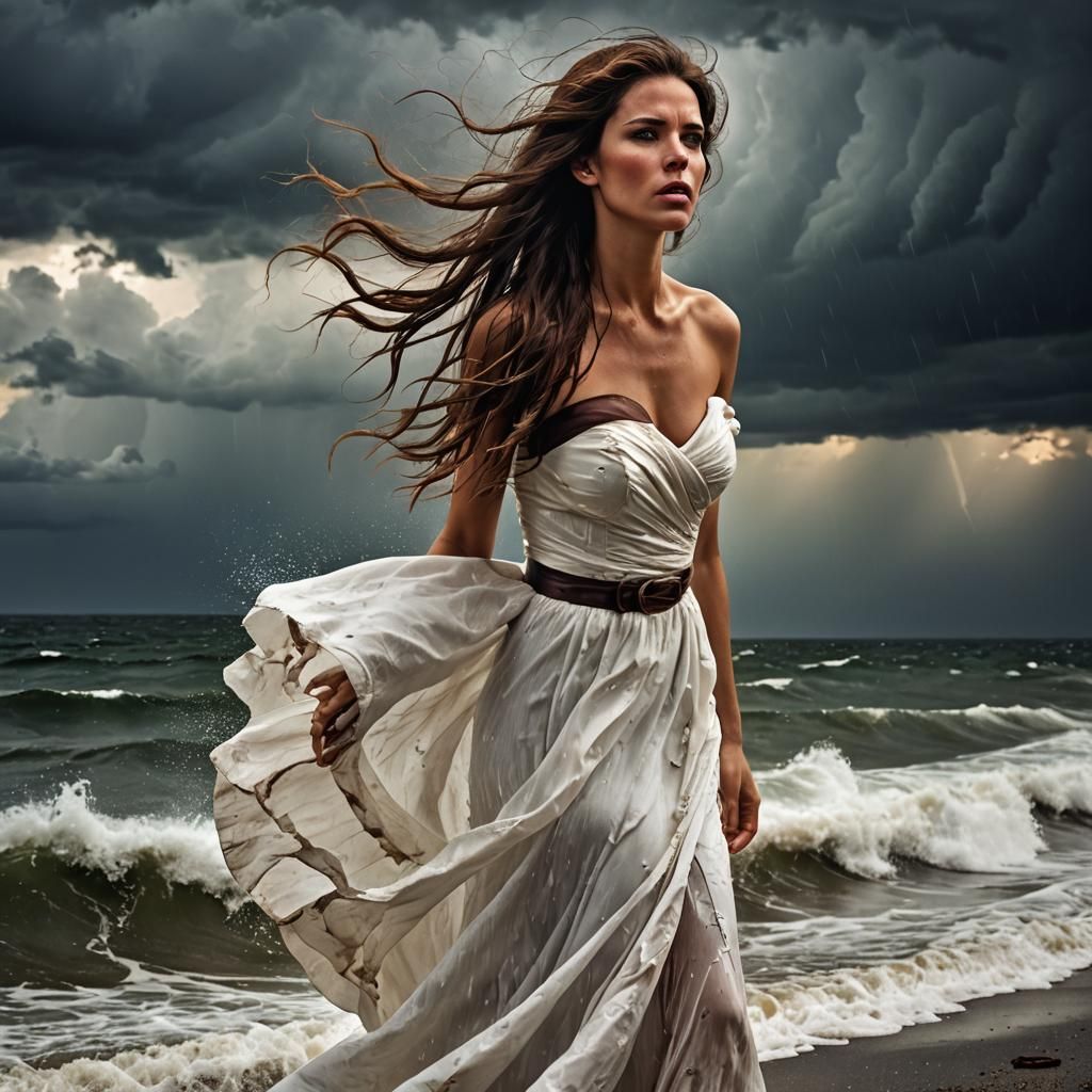 Sad Woman in White Dress Overlooking Stormy Ocean
