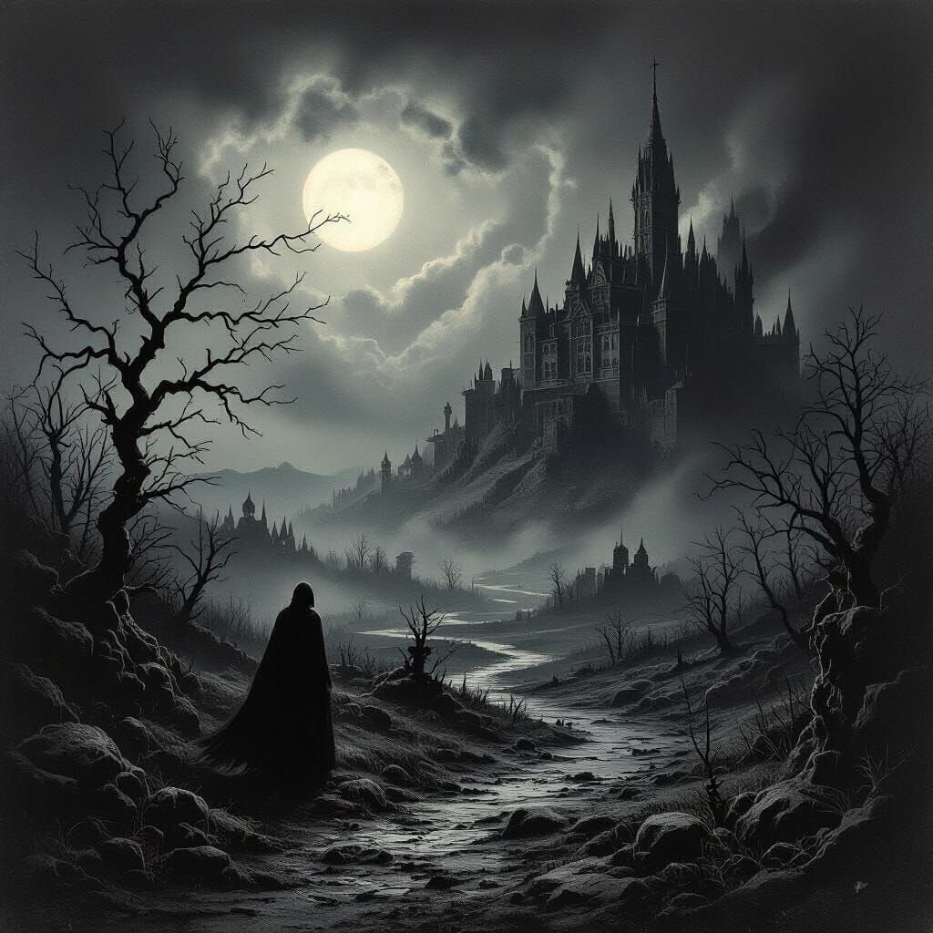 Dark Landscape in Haunting Charcoal Drawing Style