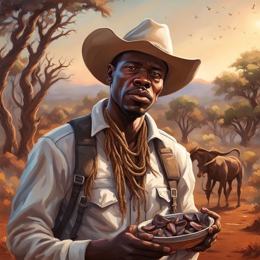 Hyperrealistic South African Cowboy Eating Biltong