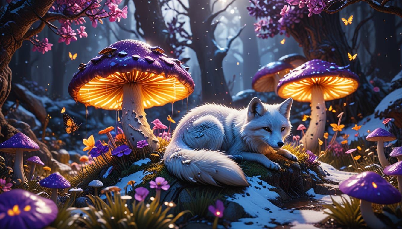 Surreal Arctic Fox in a Vibrant, Glowing Flower Garden