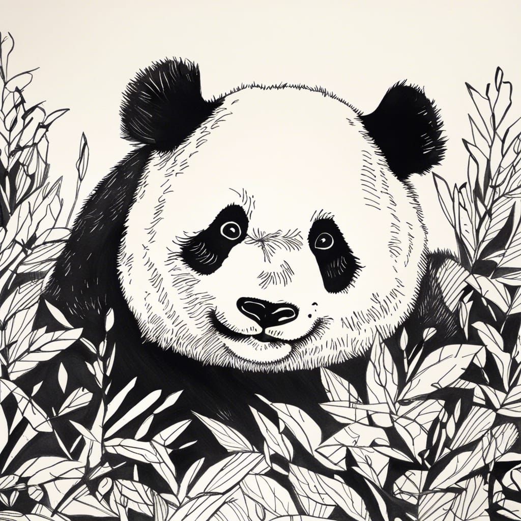 Panda Bear in Black and White Ink