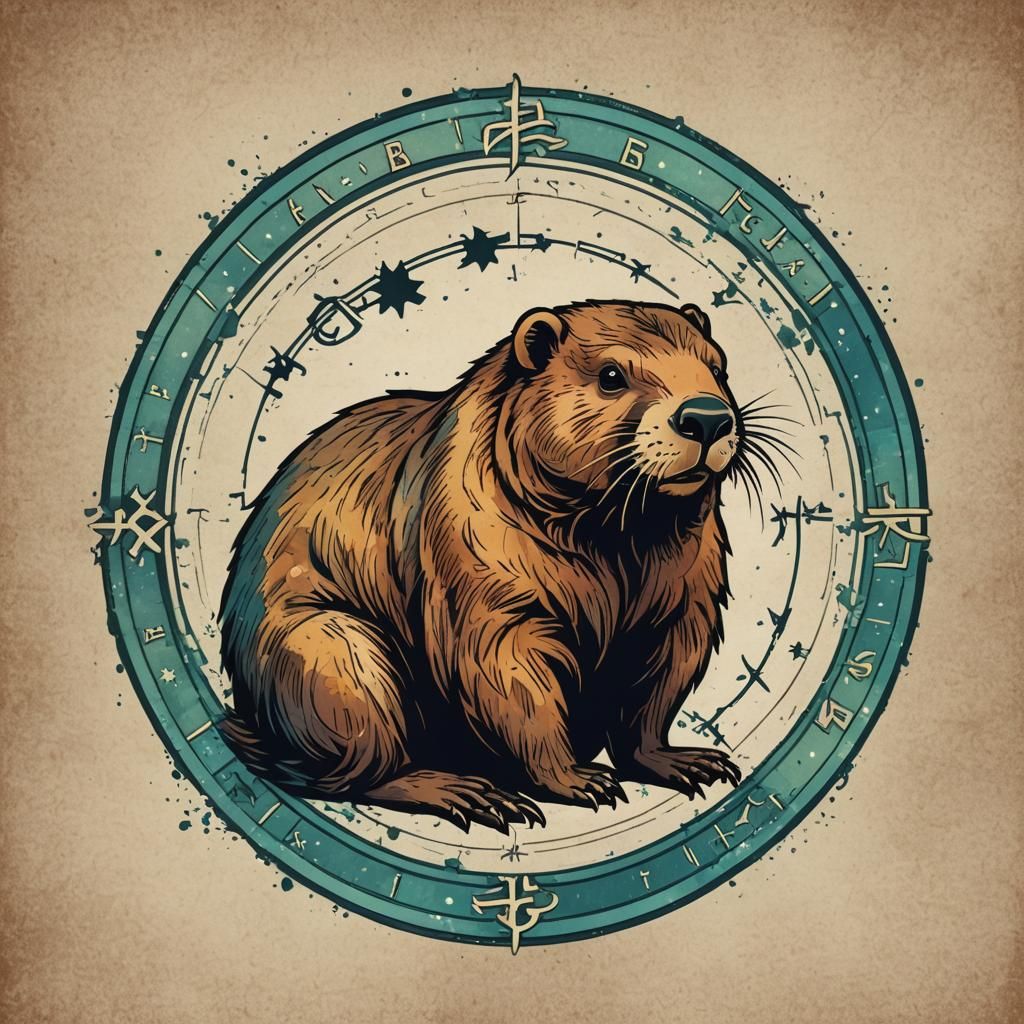 Astrological Beaver Logo in Colored Ink Style