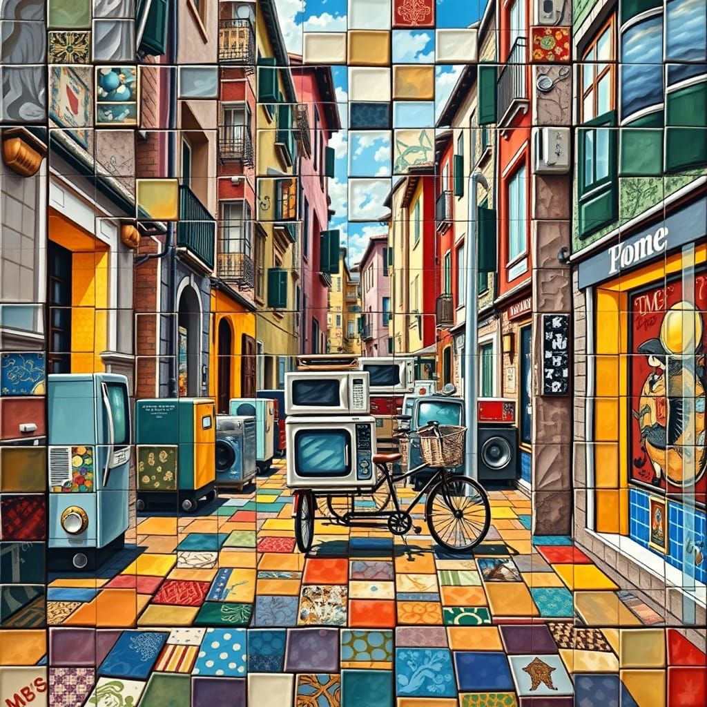 Vibrant Cubist Mosaic of Azulejo Tiles Depicting Whimsical S...