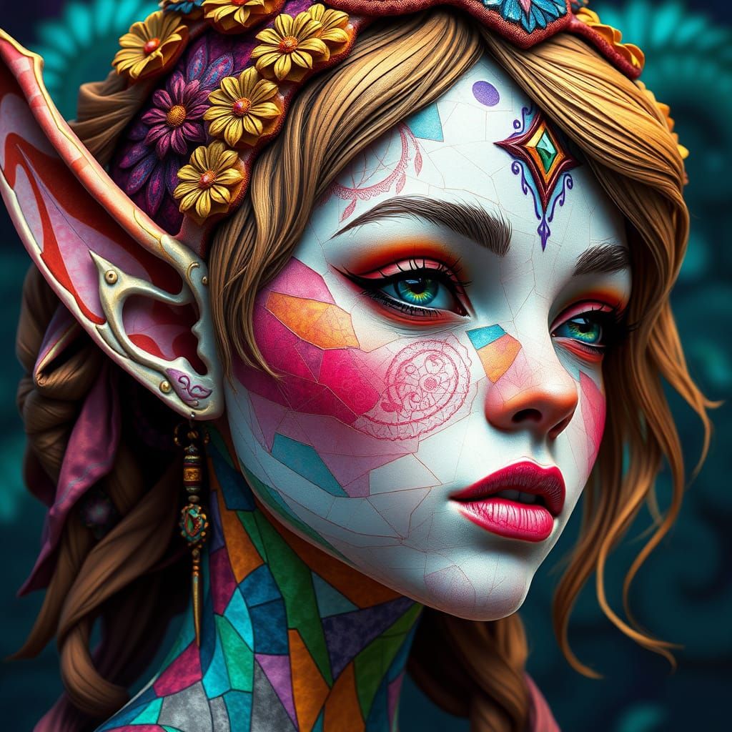 Exquisite Mosaic Elf Portrait in Vibrant Fabrics