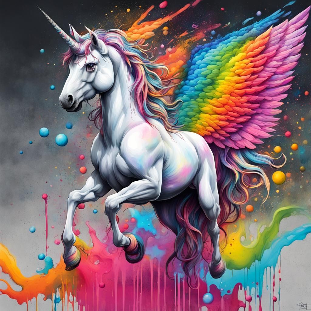 Rainbow Winged Unicorn in Graffiti Splash Art