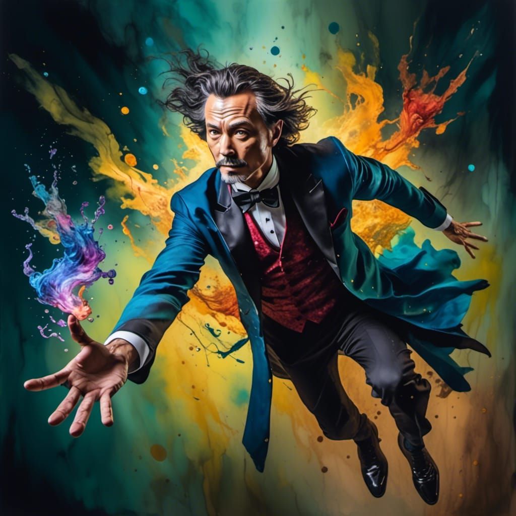 Magician Levitation Act in Colorful Alcohol Ink Style