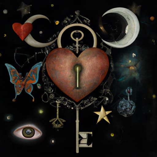 Surreal Icon with Heart, Key and Moon