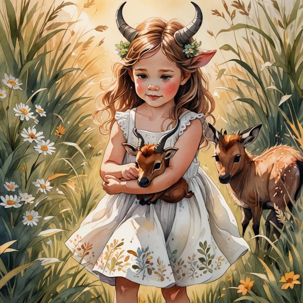 Girl Hugs Mythical Sitatunga in Children's Book Illustration