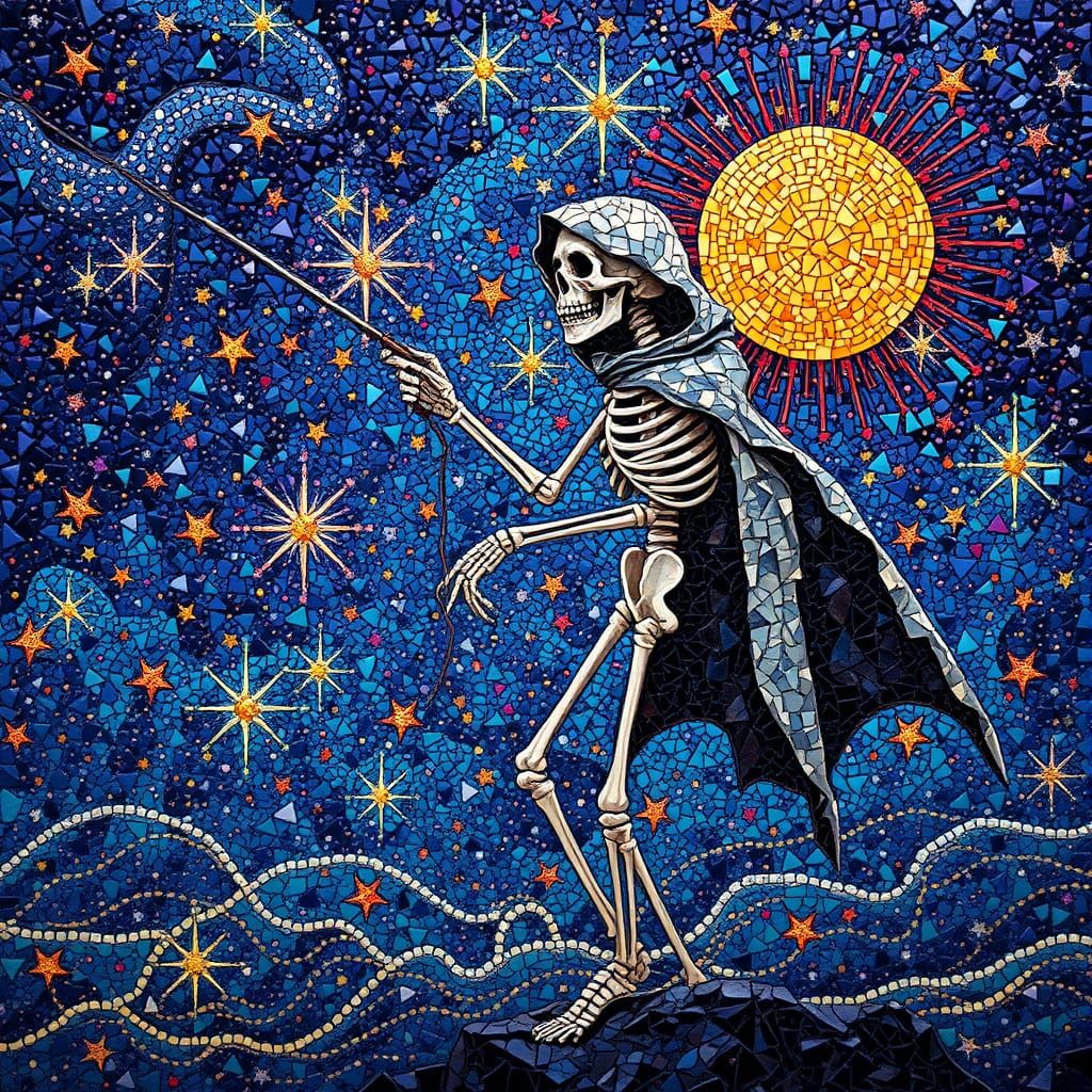 Celestial Skeleton Fishes Stars in Layered Ceramic Mosaic Ar...