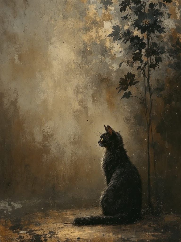 Gothic Cat Under Blooming Flower in Atmospheric Light