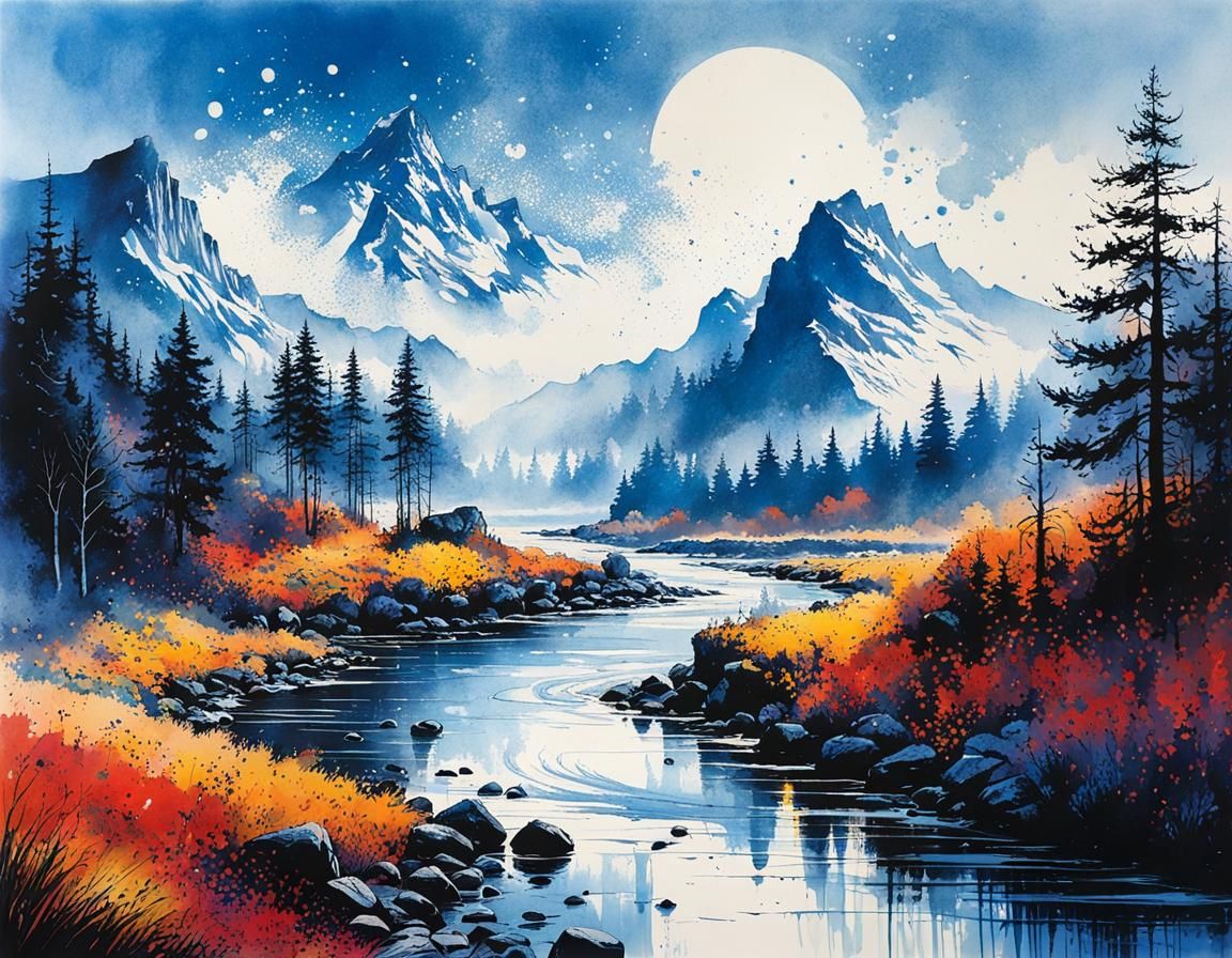Vibrant Autumn Morning in Dreamlike Ink Art