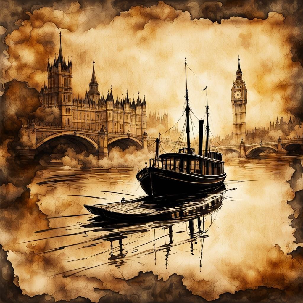 Steampunk Boat Silhouette on the Thames: Ink Painting