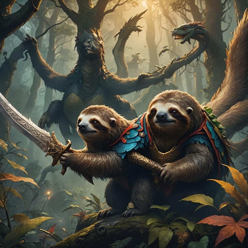 Sloth vs Dragon in Misty Forest Concept Art