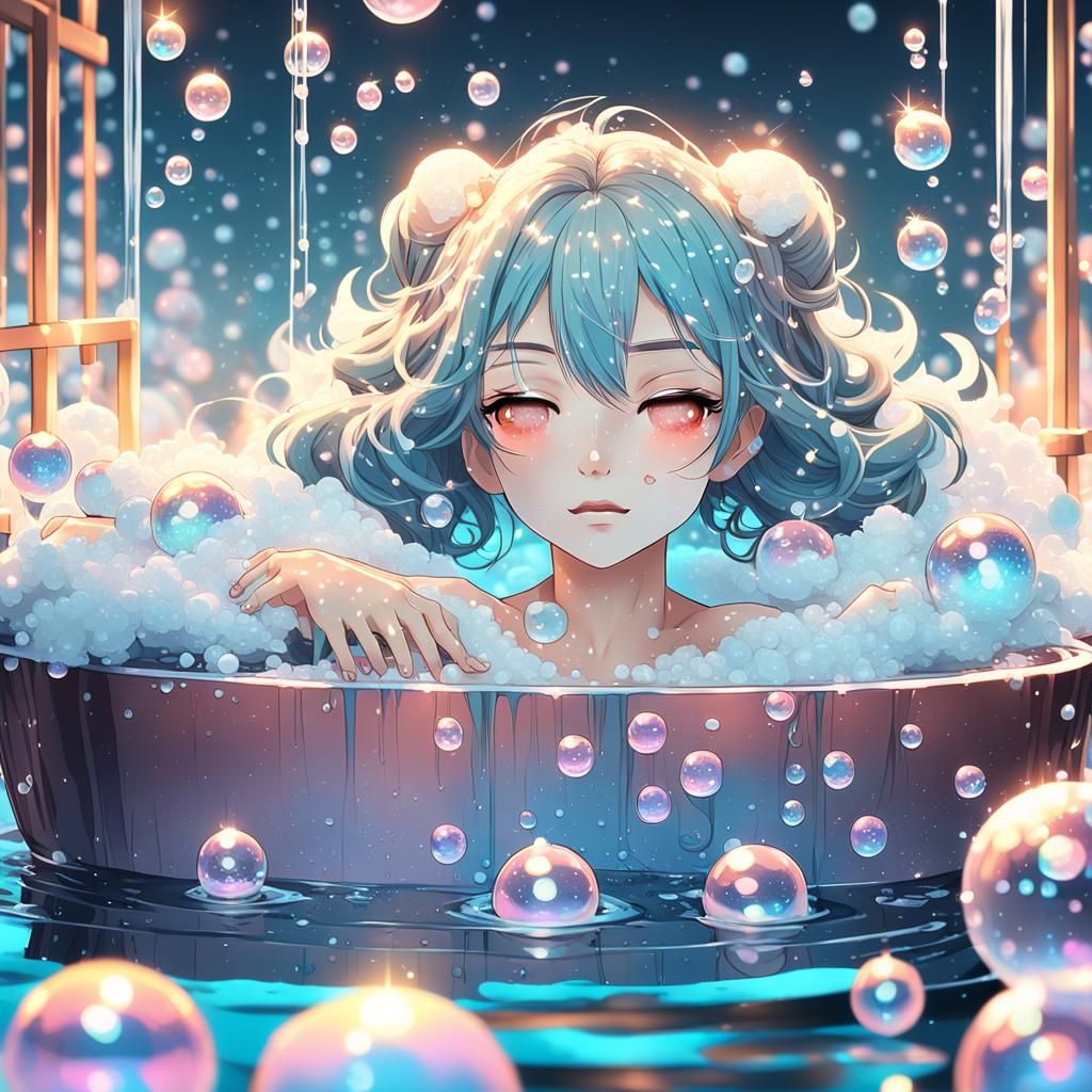 Anime Girl Relaxing in Bathtub: 3D Pastel Art