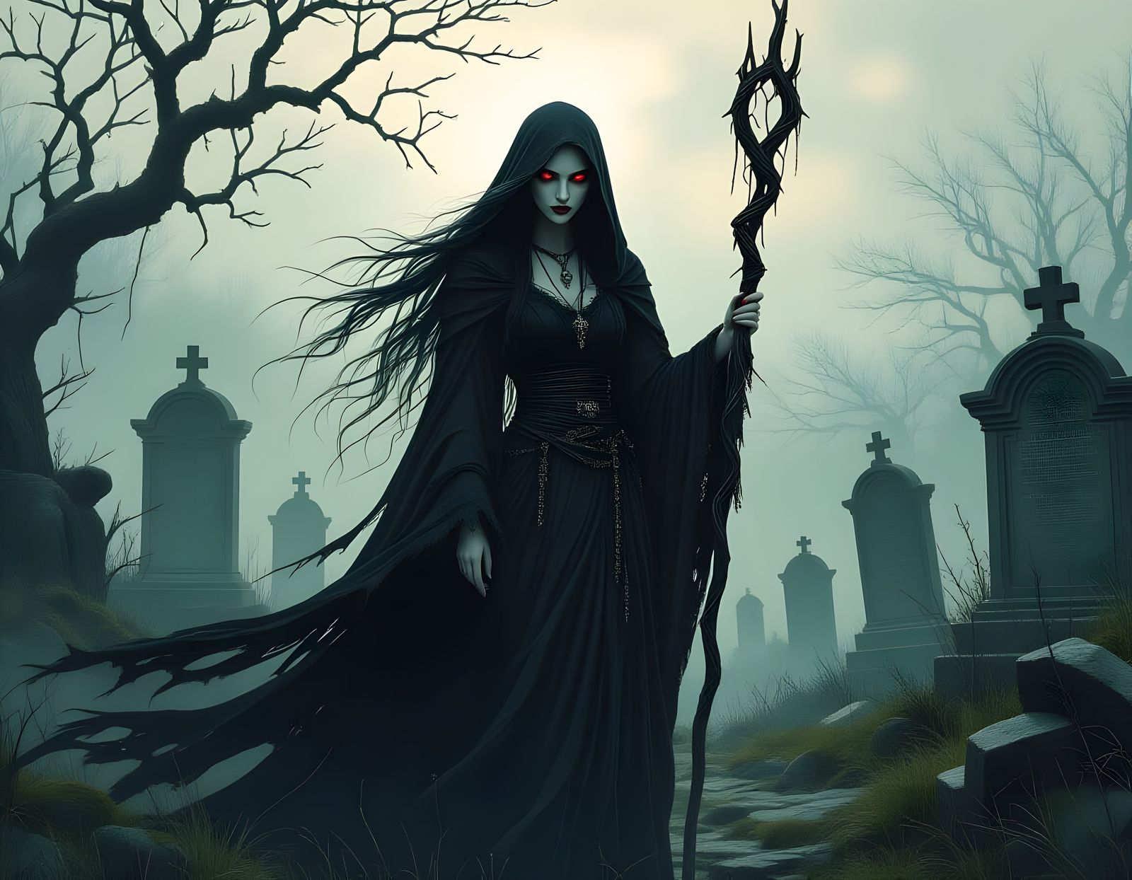 Wiccan Woman in Graveyard: Pre-Raphaelite Digital Painting