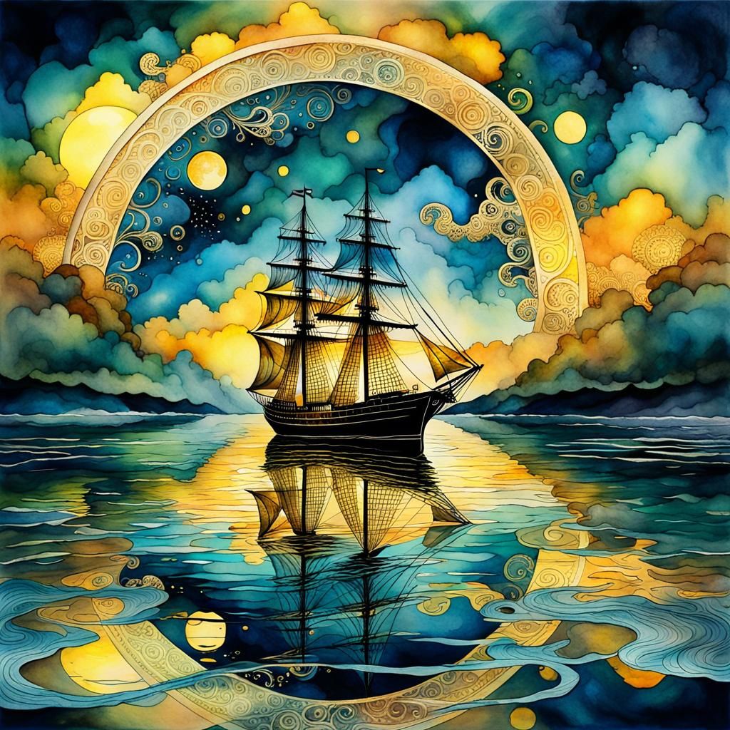 Moonlit Sailing Ship in Watercolour Alcohol Ink Style