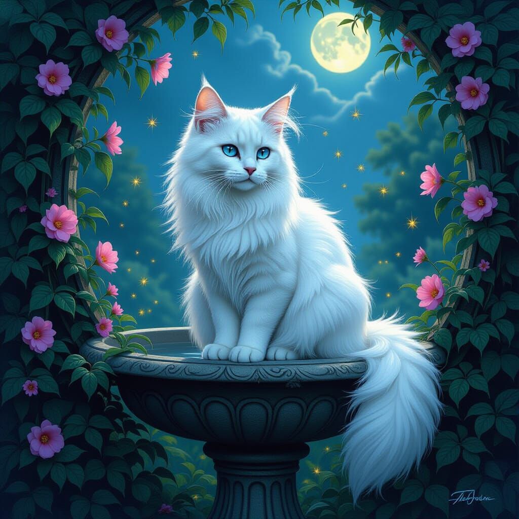 Moonlit Cat on Birdbath in Charcoal Style