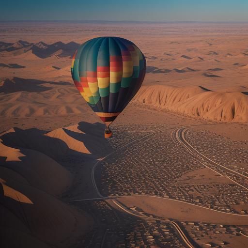 Hot Air Balloon Flying Over Desert Sunset