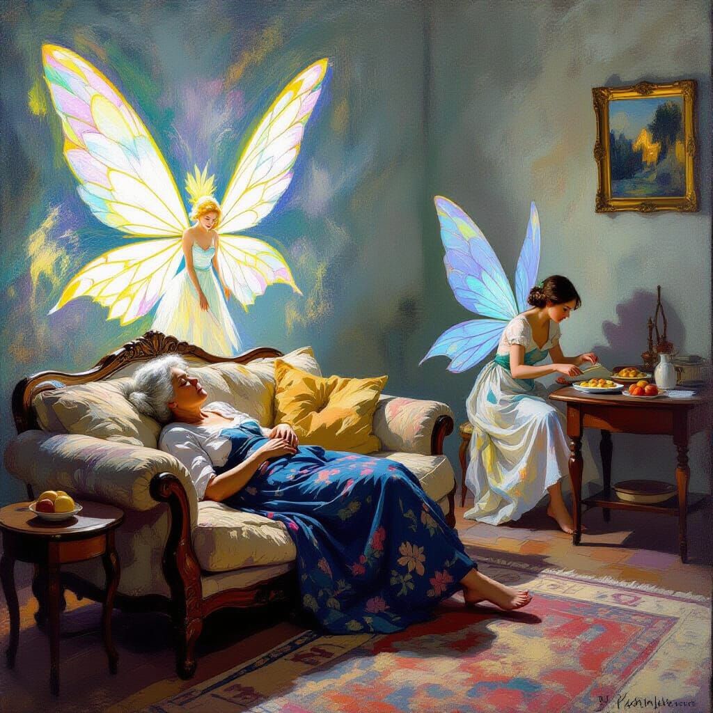 Impressionist Scene of Grandma Sleeping with Fairy Companion...