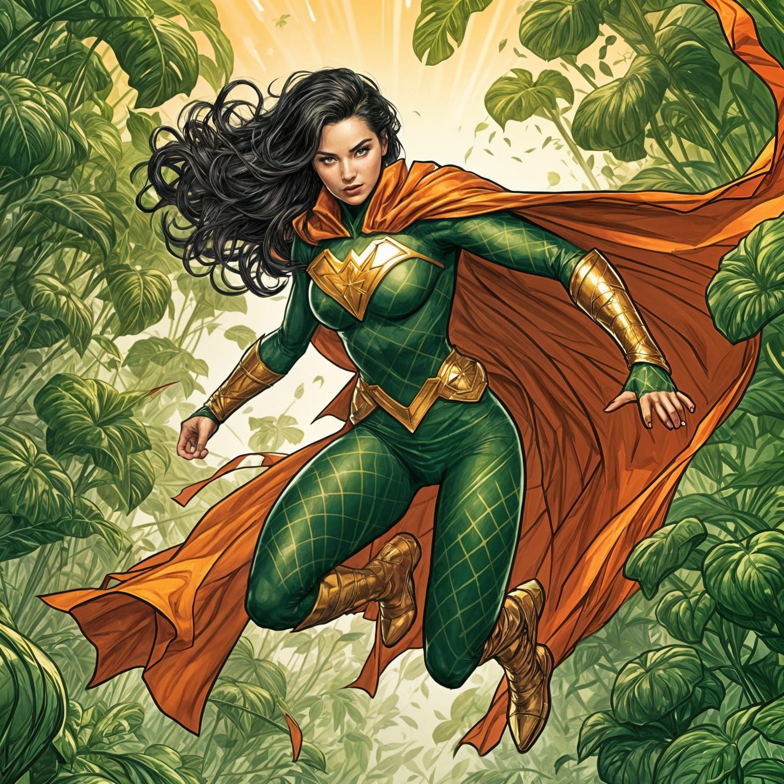 Plant-Powered Superheroine in Comic Book Style