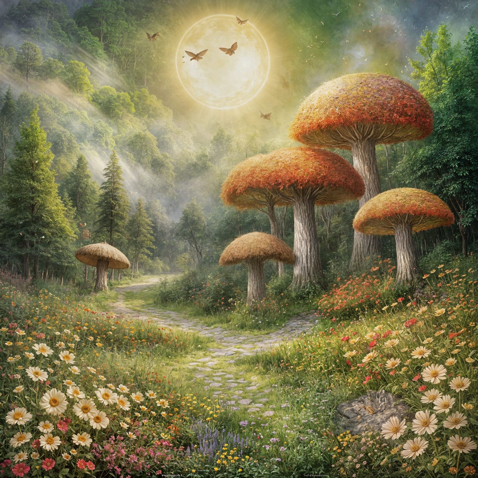 Surreal Forest Landscape with Glowing Mushrooms