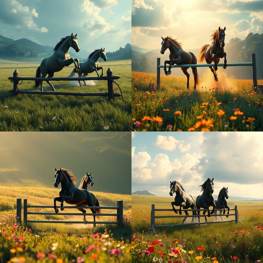 Horses Jumping in Field: Detailed Matte Painting