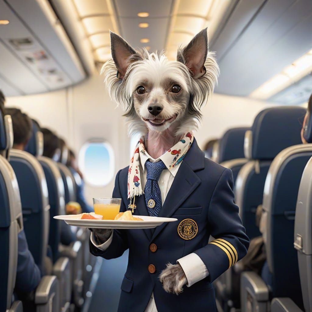 Chinese Crested Dog Flight Attendant in Airline Uniform