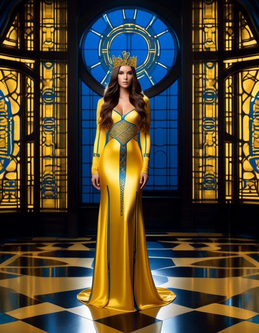 Long haired Brunette princess in yellow royal gown printed w...