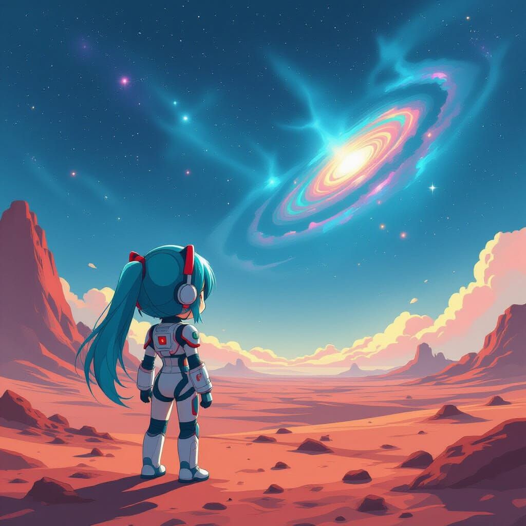 Chibi Miku in Retro Spacesuit on Alien Planet