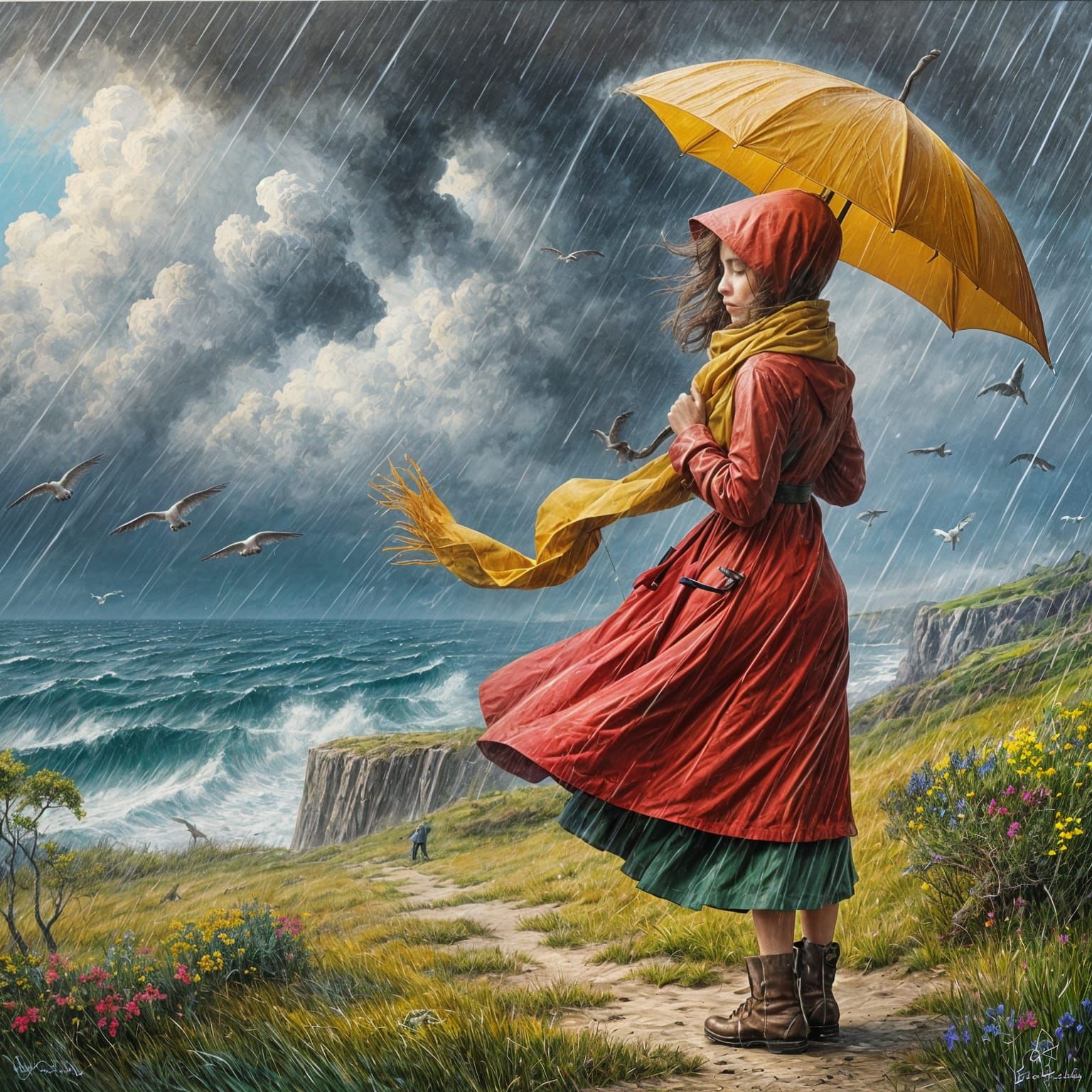 Girl in Red Raincoat, Impasto Oil Painting