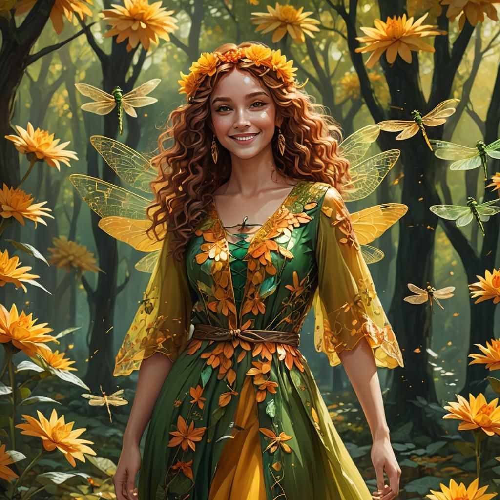 Woman with Dragonfly Wings in Autumn Forest