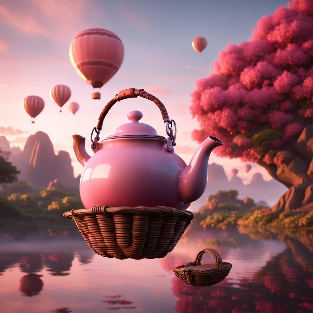Floating Teapot Hot Air Balloon at Sunrise