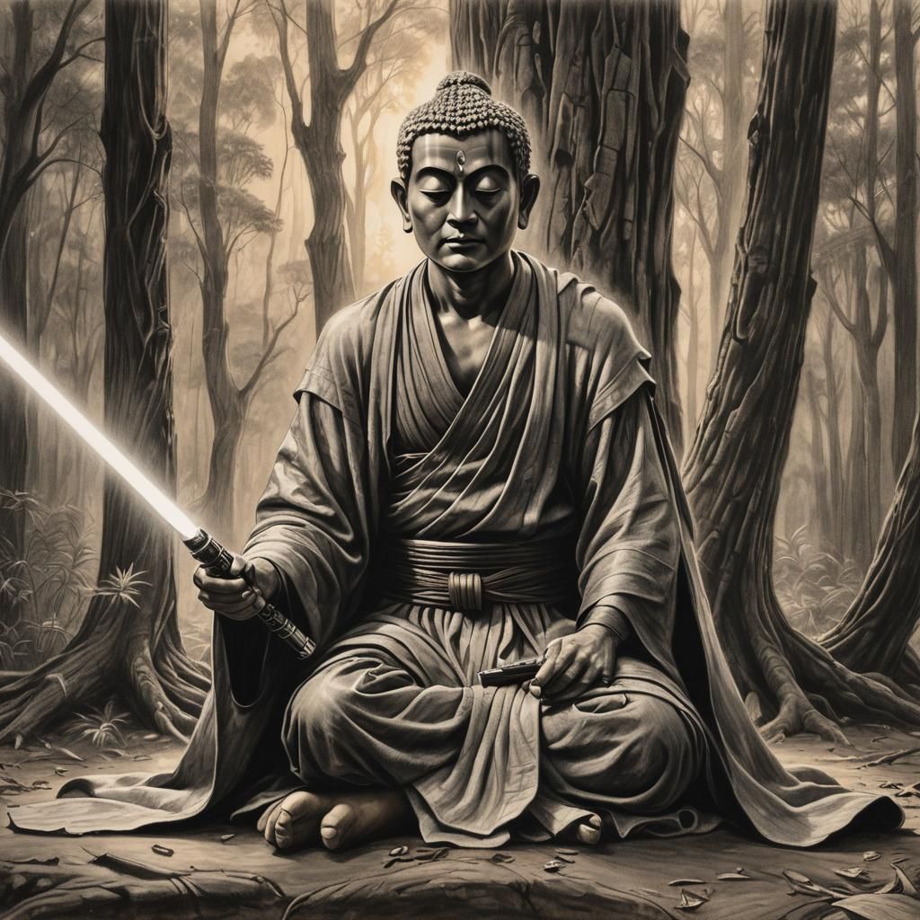 Gautama Buddha with Lightsaber: Charcoal Drawing